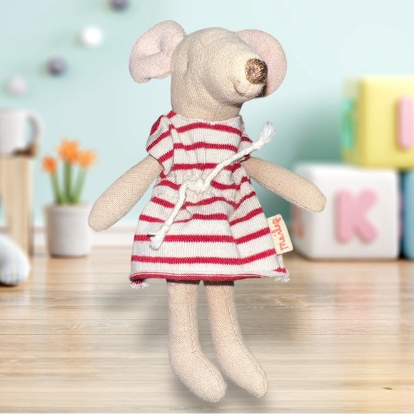 Maileg Mouse In Red/White Striped Dress No Box